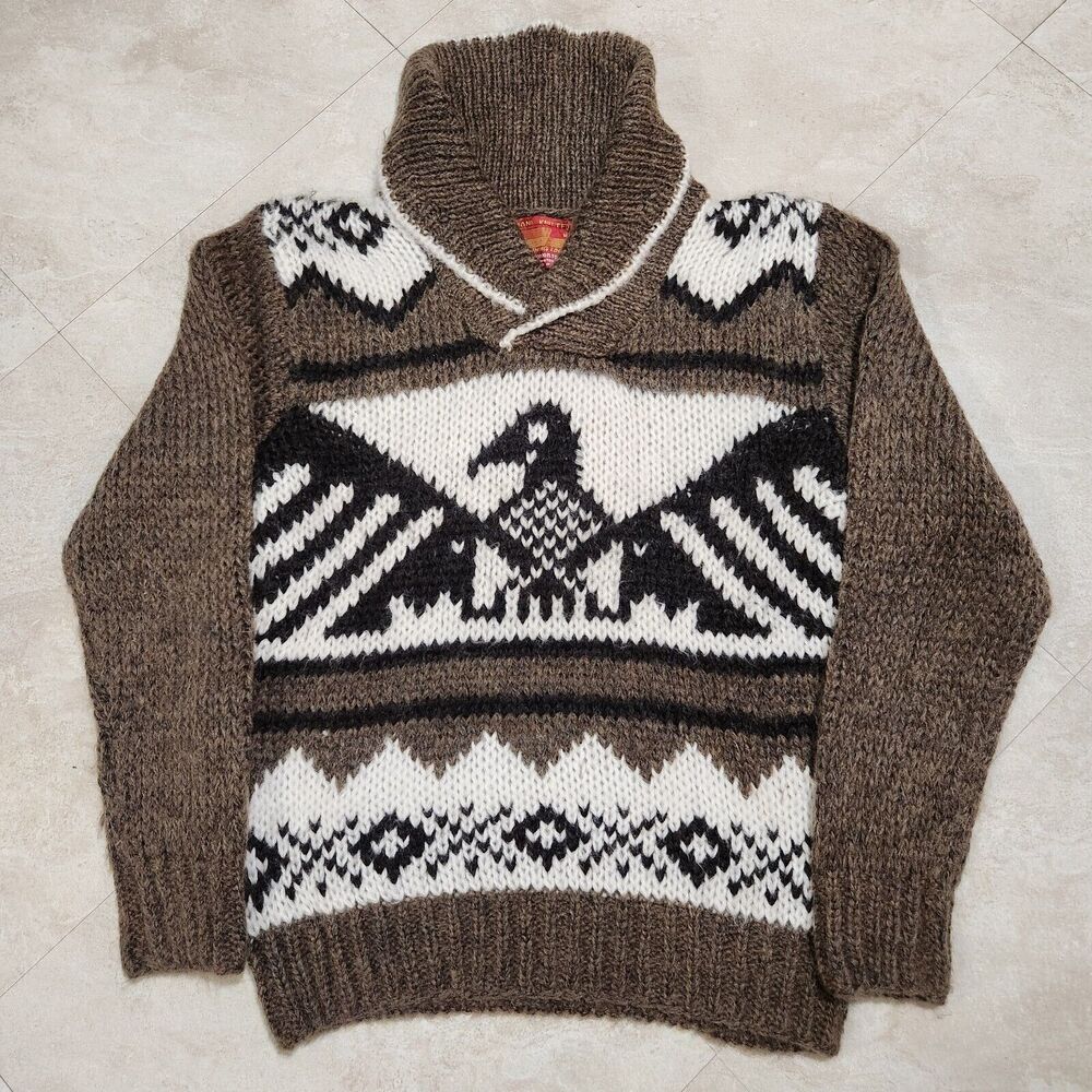 VTG Hand Knit Cowichan Thunderbird Mens M Medium Shawl Collar Eagle‎ Sweater - Picture 3 of 10